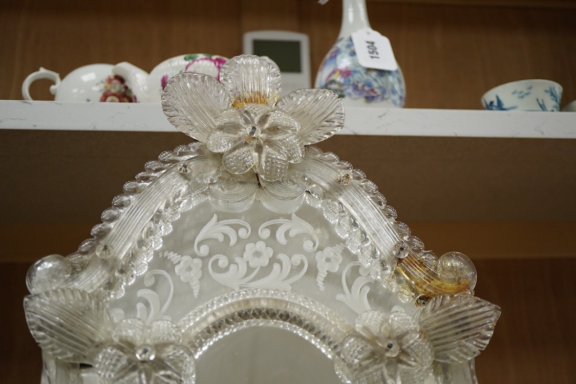 A Venetian glass easel mirror with applied glass flowers, 53cm high